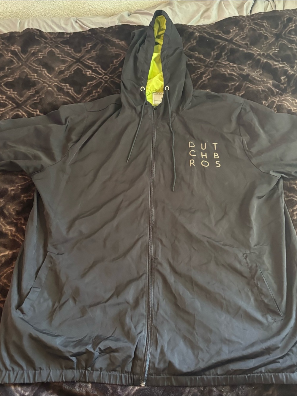 Rare Dutch Bros Men's XXL Black Hooded Full Zip Jacket Green Lining Windbreaker